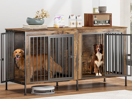 63 in Dog Crate Furniture for 2 Large/Medium Dogs with Removable Divider, Extra Large Double Doors Dog Kennel, XXL Thick Wooden Dog Cage Furniture,Sturdy and Durable, Brown-PawvioPets
