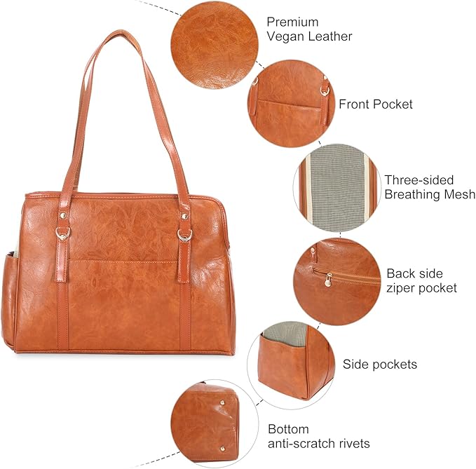 Dog Carrier Purse, Fashion Leather Pet Carrier with Pockets, Airline Approved Soft Sided Dog Carrying Bag for Puppy Cat Dog Brown-PawvioPets