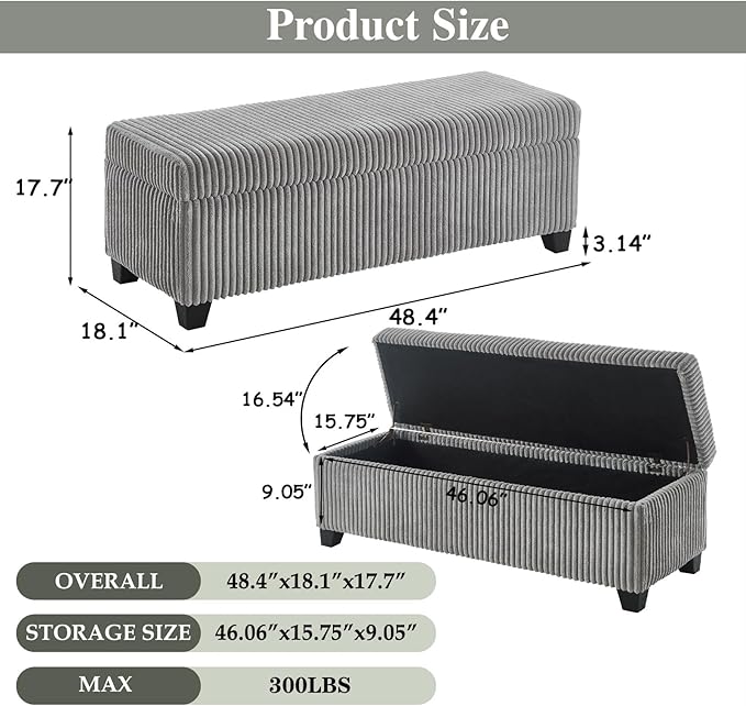48" Ottoman with Storage, Corduroy Storage Ottoman Bench for Bedroom, End of Bed Bench with Safety Hinge for Living Room, Bedroom, Entryway, Grey-PawvioPets