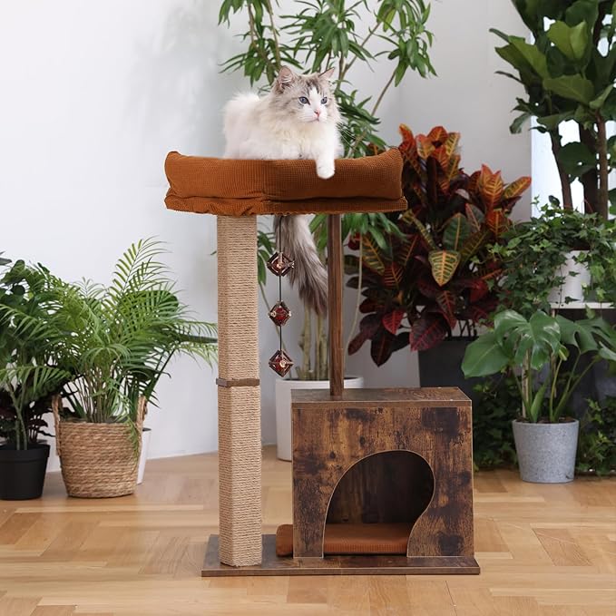 FUKUMARU Cat Scratching Post, Modern Style Cat Tree with Unique Square Post, Wooden Cat Tower with silvervine Balls, Retro Cat Condo Scratcher for Indoor Cats（Solid Wood）-PawvioPets