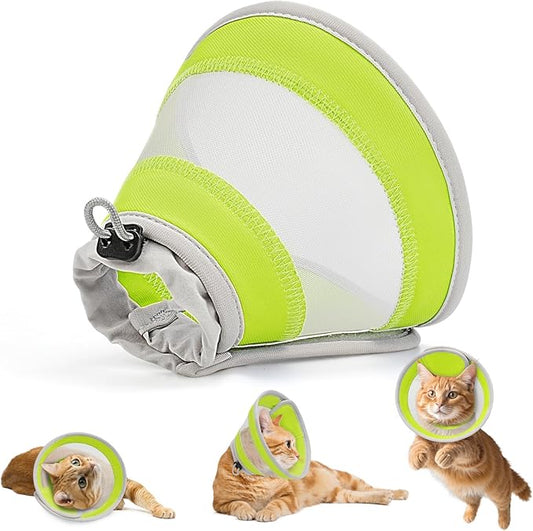 Breathable Air Mesh Cat Cone Collar Soft to Stop Licking, Adjustable, Foldable Lightweight Kitten Cones After Surgery Recovery for Cats & Kittens (Yellow Green, S)-PawvioPets