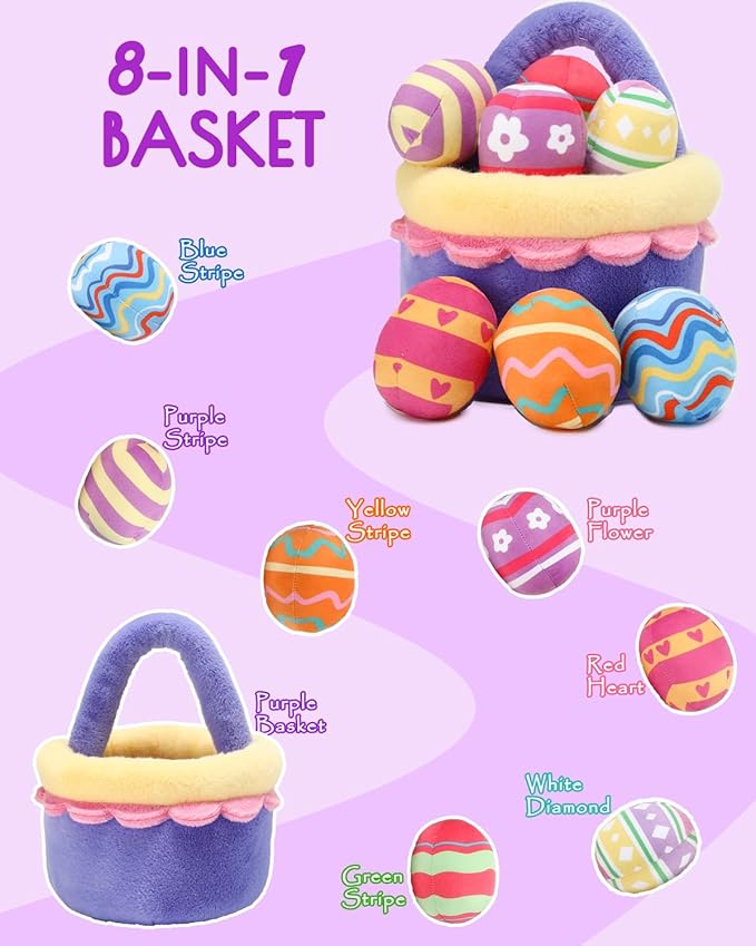 8 Piece Plush Stuffed Playset Toys with 7 Eggs, 1 Furry Bag, Soft Basket Set Sensory Toys for Girls Kids Ages 3+, Birthday Christmas Valentines Easter Party Favors Gifts-PawvioPets