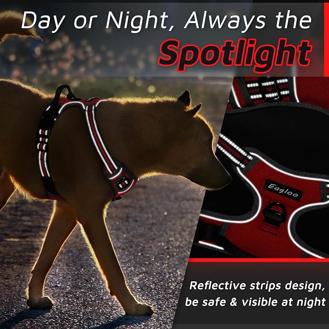 Eagloo Dog Harness Medium Sized Dog, No Pull Service Vest with Reflective Strips and Control Handle, Adjustable and Comfortable for Easy Walking, No Choke Pet Harness with 2 Metal Rings, Red, M-PawvioPets