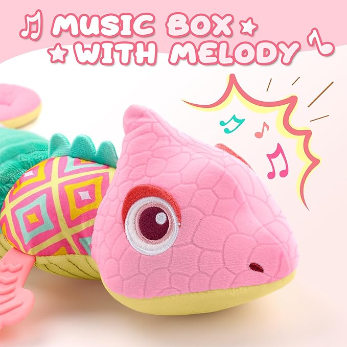 Baby Toys 0-6-12 Months, Musical Stuffed Animal Activity Soft Toys with Multi-Sensory Crinkle,Rattles and Textures,Infant Baby Girl Toys Gifts for Newborn Tummy Time,Dinosaur,Pink-PawvioPets