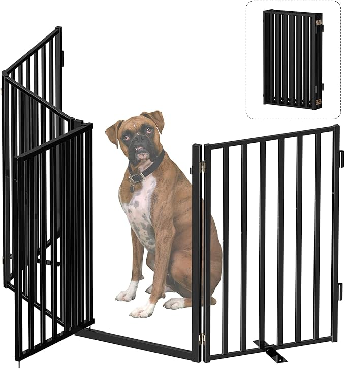 Free Standing Dog Gate with Door for Indoor Outdoor, Portable Dog Fence Foldable Design, Metal Black 32" Tall, Expandable 4 Panels Use for Front Door, Yard, Stairs-PawvioPets