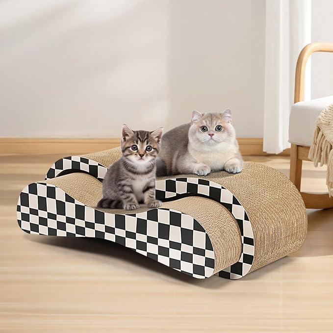 2 in 1 Cat Scratcher Cardboard Lounge Bed, Cat Scratching Post, Durable Board Pads Prevents Furniture Damage,Large,Checkerboard-PawvioPets