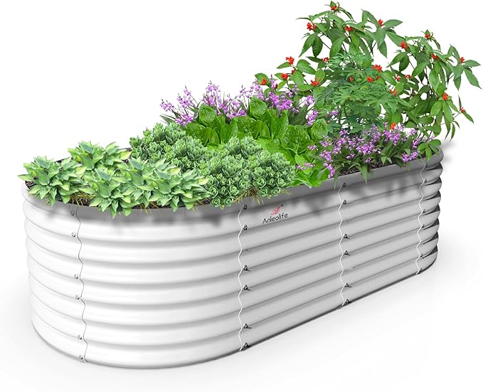 A ANLEOLIFE 8X4X2 ft Galvanized Raised Garden Beds Outdoor, Oval Large Metal Deep Root Planter Box for Planting Vegetables Flowers Herb, Anti-Rust & Easy-Setup, Antique White-PawvioPets