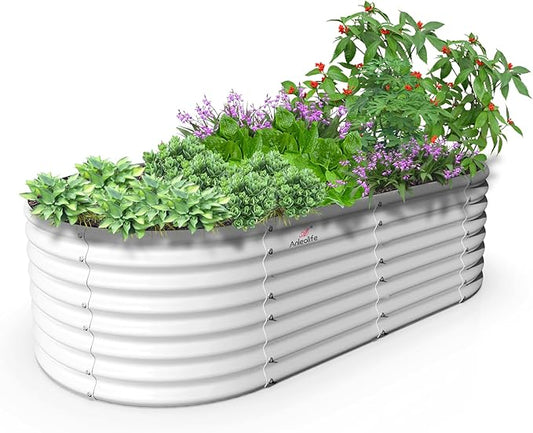 A ANLEOLIFE 8X4X2 ft Galvanized Raised Garden Beds Outdoor, Oval Large Metal Deep Root Planter Box for Planting Vegetables Flowers Herb, Anti-Rust & Easy-Setup, Antique White-PawvioPets