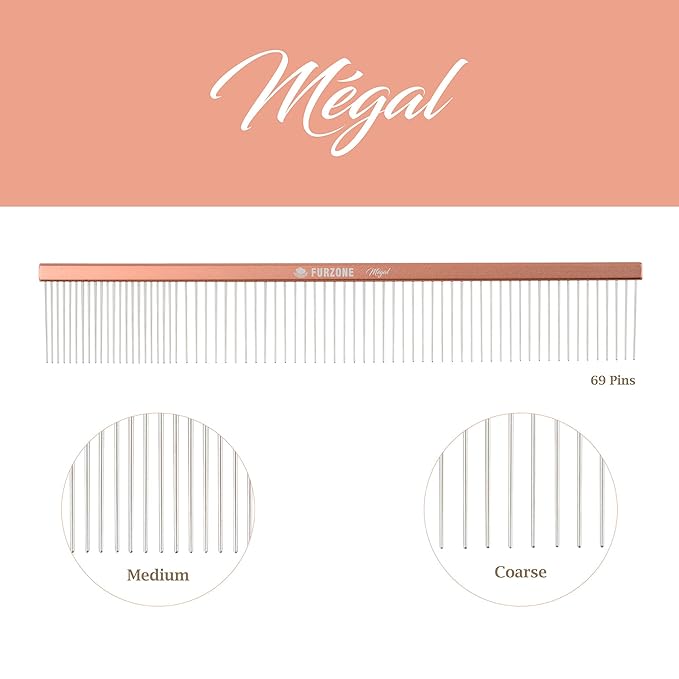 2-in-1 Megal Greyhound Comb for Dogs (Medium/Coarse), 69 Stainless Steel Pins Dog Comb, Aluminum 24.5cm Handle,Lightweight,Gently Remove Dogs’ Head/Body Fur, Professional Grooming Accessories-PawvioPets