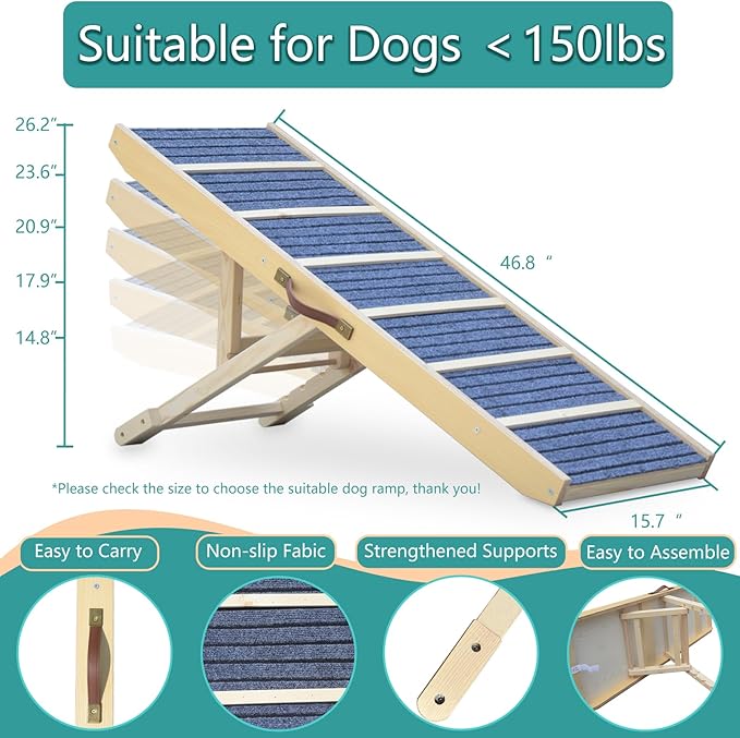 Dog Ramp for Bed, Upgraded 46.8" Long Portable Dog Ramp for Couch, Wood Folding Pet Ramp for All Breeds Large Old Dogs to Get on Bed, 5 Adjustable Heights 14.8" to 26.2" (Wood, Up to 150lbs)-PawvioPets
