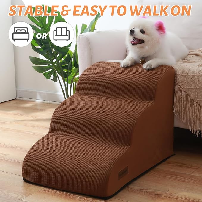 3-Step Dog Ramp and Stairs for Sofa and Chair - Non-Slip Sturdy Pet Steps for Small Dogs and Cats,15.7" H,Brown-PawvioPets