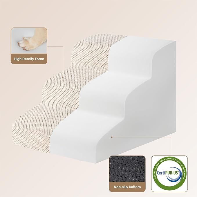 EHEYCIGA Curved Dog Stairs Ramp for Small Dogs 15.7" H, 3-Step Dog Steps for Couch Sofa and Chair, Pet Stairs for Cats, Non-Slip Balanced Pet Steps Indoor, Beige-PawvioPets