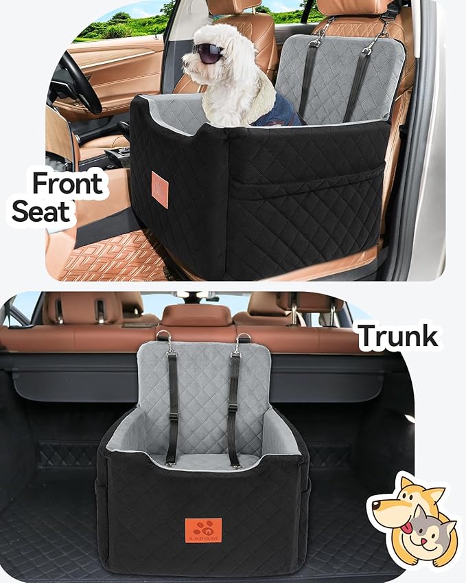 Dog Car Seat for Small/Medium Dogs Under 35lbs,Memory Foam Dog Booster Seats,Detachable and Washable Traval Pet Car Seat, Dogs Bed with 2 Safety Belts(Balck/Grey)-PawvioPets