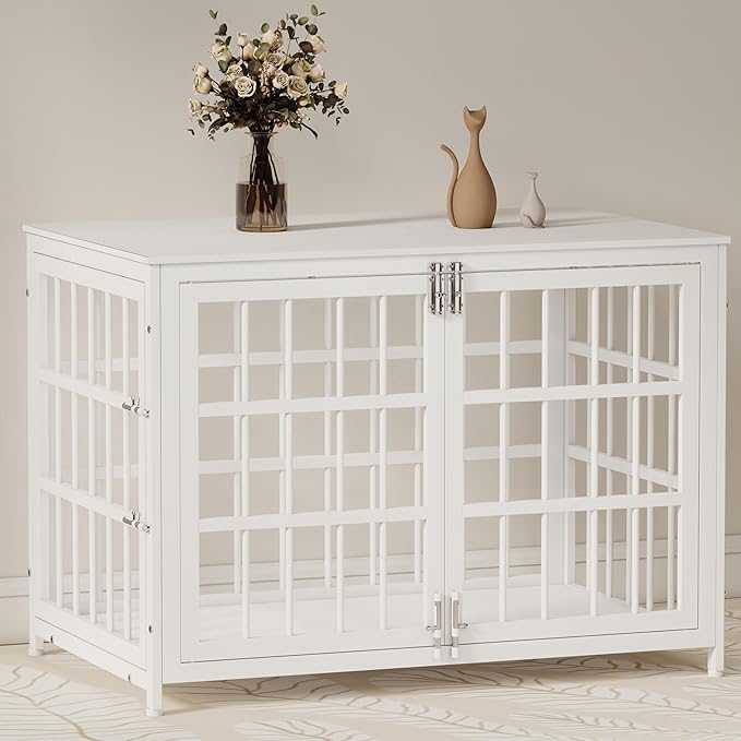 38 Inch Heavy Duty Wooden Dog Kennel End Table with Double Door Design and Secure Locks, Indoor Pet Crate Furniture for Medium Dogs, Decorative Home Cage Design,White-PawvioPets