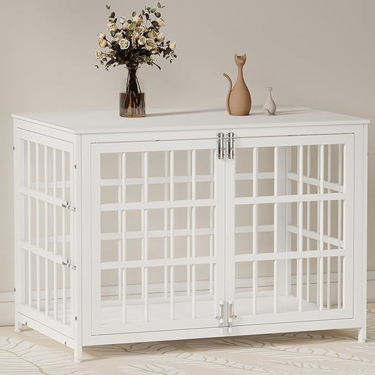 38 Inch Heavy Duty Wooden Dog Kennel End Table with Double Door Design and Secure Locks, Indoor Pet Crate Furniture for Medium Dogs, Decorative Home Cage Design,White-PawvioPets