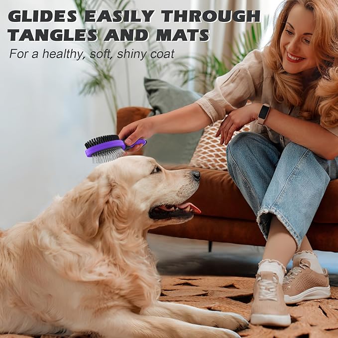 2PCS Pet Grooming Tools - Double-Sided Brush for Shedding and Bathing, Suitable for Short/Long Haired Dogs Cats and Horses, Deshedding Dog Brush, Mane & Tail Combs for Horses - Pet Supplies (Purple)-PawvioPets