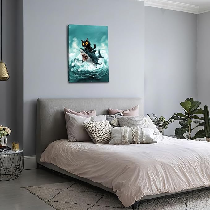 Funny Black Cat Bathroom Wall Art Cute Cat Riding Shark Canvas Wall Decor Animal Kitten Pictures Painting Print Artwork Framed Decorations Gifts for Cat Lover Kids Room Bedroom 16"x24"-PawvioPets