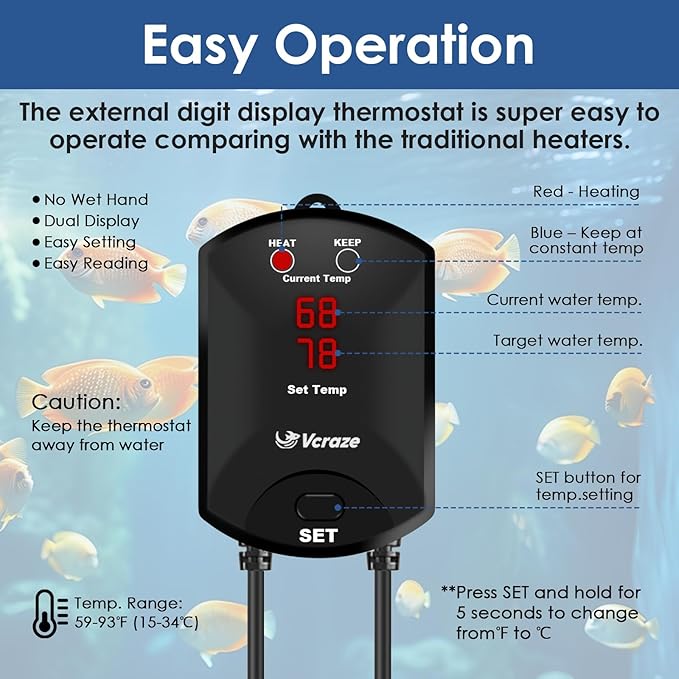 Aquarium Heater 300W Fish Tank Heater with External Thermostat (Dual Digital Display), Turtle Heater for Tanks 40-75 Gallons, Dry-Run/Overheating Protection and Memory Function-PawvioPets