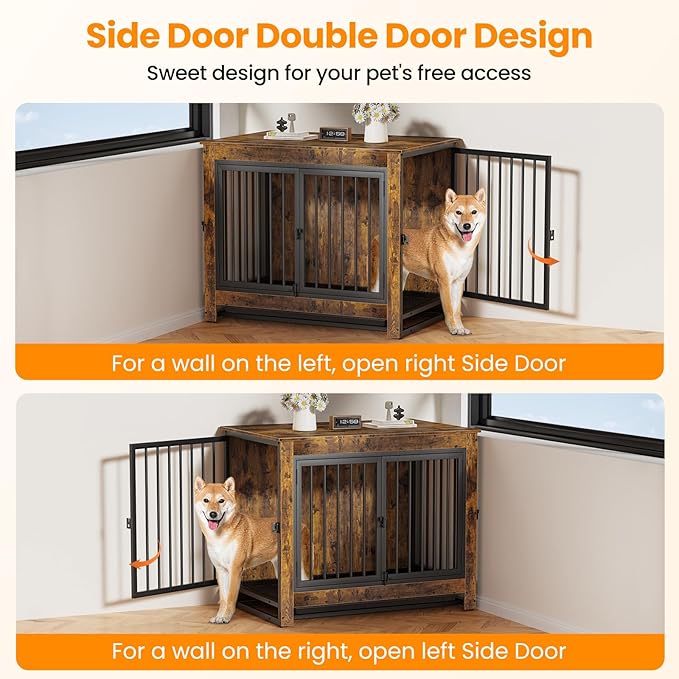 Dog Crate Furniture, Dog Crate End Table for Medium and Large Dogs,Wooden Cage Kennel Furniture Indoor, Modern Dog Crate with Multi-Purpose Removable Tray, Double-Doors Dog Furniture-PawvioPets
