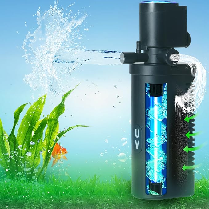 158GPH Small Aquarium Filter, UV Sterilizer for Aquarium for 10-45 Gallon Tank, Internal Pump for Turtle Betta Fish Tank Filter Silent 4-in-1 Green Killing Machine with Fish Tank Filters Deodorization-PawvioPets