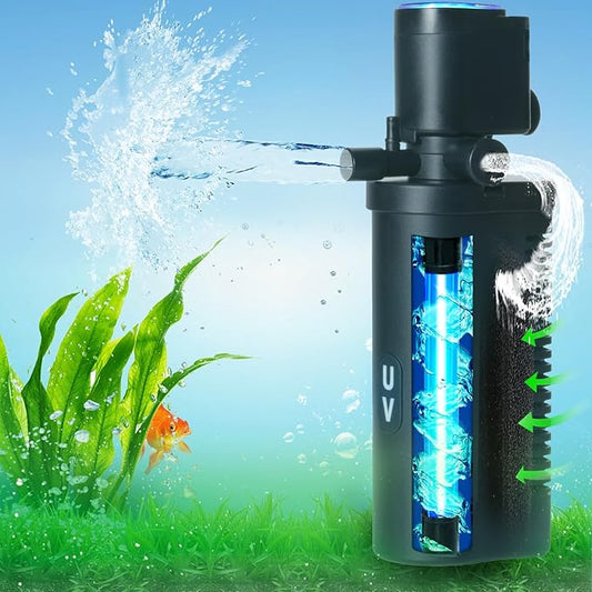 158GPH Small Aquarium Filter, UV Sterilizer for Aquarium for 10-45 Gallon Tank, Internal Pump for Turtle Betta Fish Tank Filter Silent 4-in-1 Green Killing Machine with Fish Tank Filters Deodorization-PawvioPets