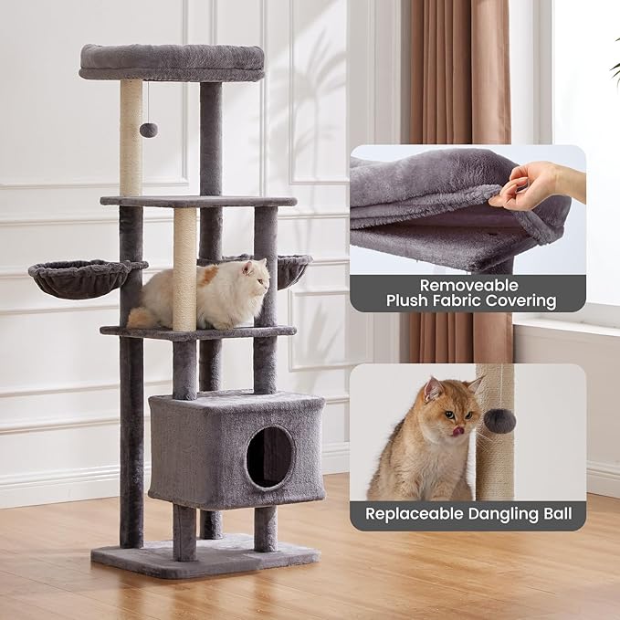 Gardner Pet 65in Heavy Duty Cat Tree Tower for Large Cats, Multi-Level Cat Furniture with Replaceable Sisal Scratching Post, Hammock | Extra-Large Platform & Condo (Grey)-PawvioPets