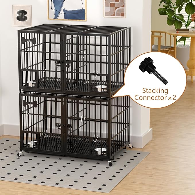 aboxoo 42 inch Stackable Heavy Duty Metal Dog Crate for 4 Dogs/Large Dog,All Metal Open Top Access,Escape Proof Cage,Dog Kennel Indoor with Wheels,Floor Grid, Tray, Divider and Feeding Bowl-PawvioPets