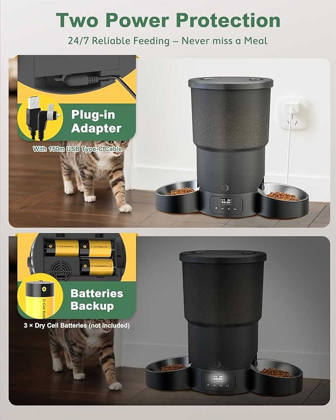 Gimars 5L Automatic Cat Feeder for 2 Cats, Programmable 1-6 Meals Cat Food Dispenser with Stainless Steel Bowl, Easy Setup, Dual Power Supply,10s Meal Call Timed Pet Feeder for Cats and Small Dogs-PawvioPets