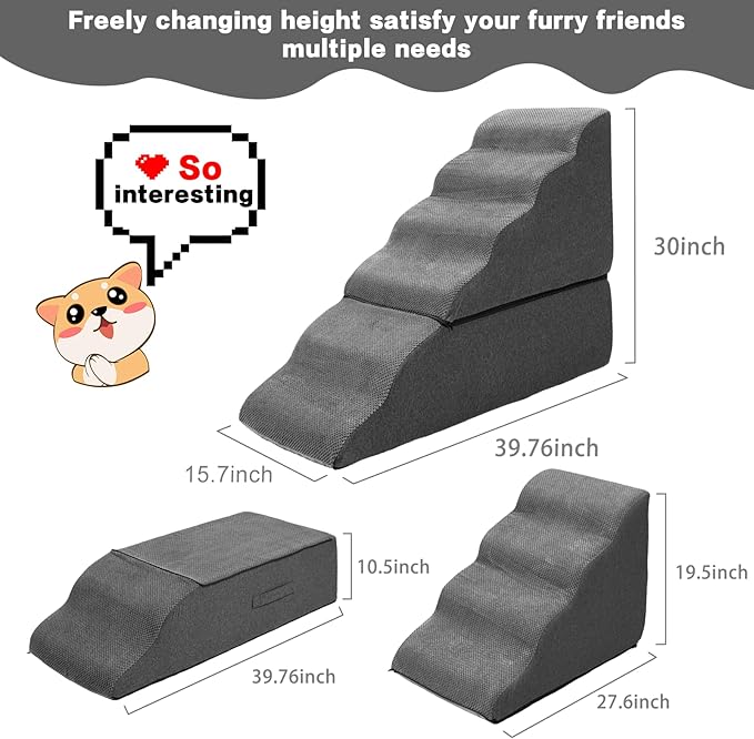 Dog Steps for High Beds 30-32" H - 6-Step Dog Stairs for Small Dogs, 33D Foam Pet Steps for High Bed with Non-Slip Bottom and Washable Cover, Dogs Ramp for Bed Indoor, Dark Grey-PawvioPets