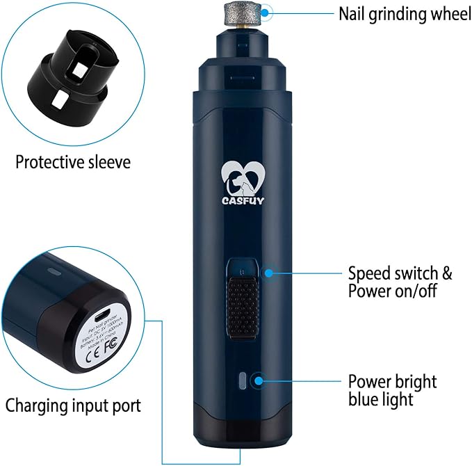 Casfuy Dog Nail Grinder Upgraded - Professional 2-Speed Electric Rechargeable Pet Nail Trimmer Painless Paws Grooming & Smoothing for Small Medium Large Dogs & Cats(Dark Blue)-PawvioPets