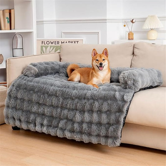 FUNNY FUZZY Pet Fluffy Plush Calming Dog Couch Bed Sofa Protector Washable Pets Mat for Large Medium Small Dogs and Cats (Grey,47.24 × 37.4 × 6.3 in)-PawvioPets