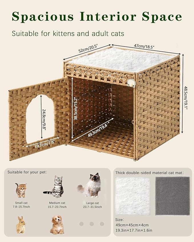 Cat Beds for Indoor Cats Extra Large Double Cat Cave Pet Cube, Handwoven Rattan Cat Houses with Double-Sided Soft Cushions, 18.5 x 20.5 x 19.1 Inches Foldable Hideaway in Living Room Natural-PawvioPets