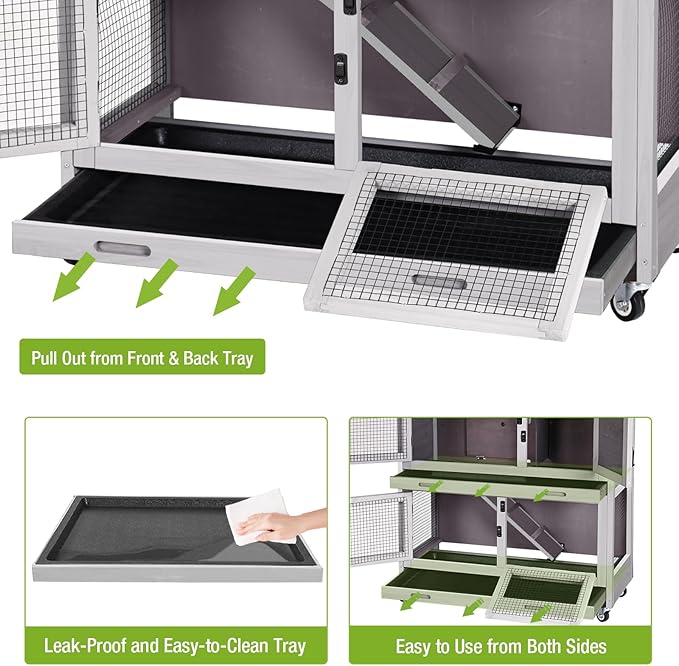 2 Story Rabbit Hutch Indoor Outdoor Rabbit Bunny House Guinea Pig Cage Wooden Pet House for Small Animals with 2 Large Rooms, Chewproof Ramp, Ventilation Door, Removable Trays (Grey)-PawvioPets
