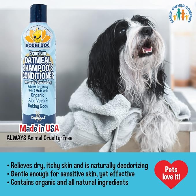 Bodhi Dog Grooming Bundle - Oatmeal Shampoo & Conditioner with Bath Brush - Pet Shower Supplies for Dogs and Cats - Gentle Care for Long, Short & Curly Hair, Safe and Effective, Made in USA-PawvioPets