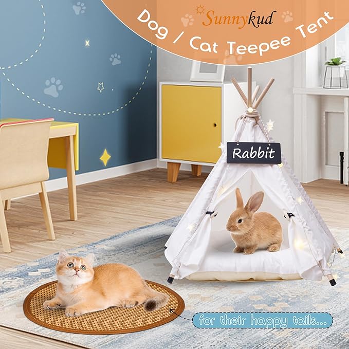 24" Dog& Cat Teepee Tent +28" Pet Cooling Mat +10ft Star String Light [2-Modes],Cotton Thicked Soft Comfort Anti-Slip Cushion (Used/Wash Separately), Indoor or Outdoor Large Pets Tents House-PawvioPets