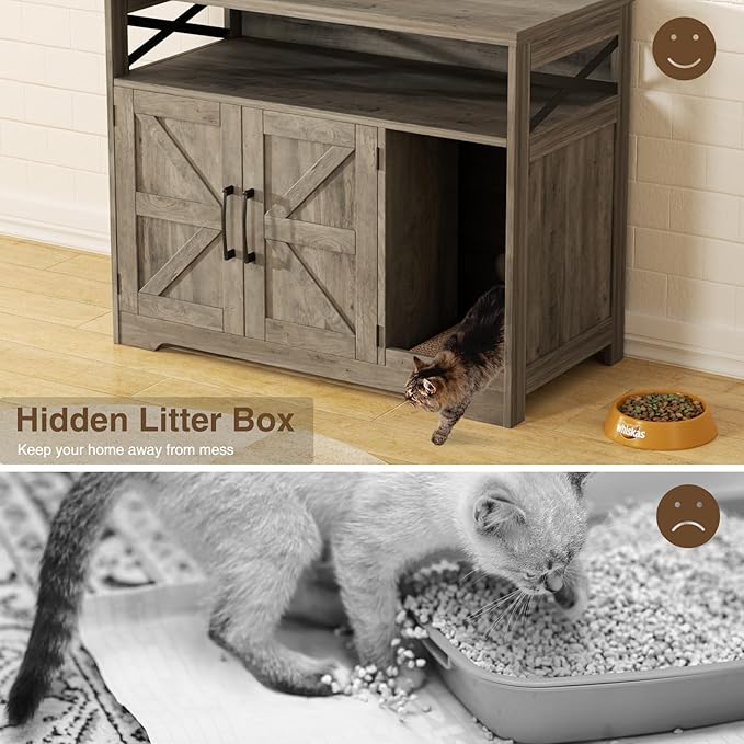 Cat Litter Box Enclosure, Hidden Litter Box Furniture with Scratch Pad, Farmhouse Indoor Cat House Washroom End Table, Grey-PawvioPets