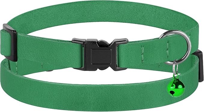Breakaway Cat Collar Leather with Removable Bell - 13 Colors Available - Soft Adjustable Girl Boy Safety Lightweight Pet Kitten Collars Pink Brown Blue Green Red Orange Black (Green)-PawvioPets
