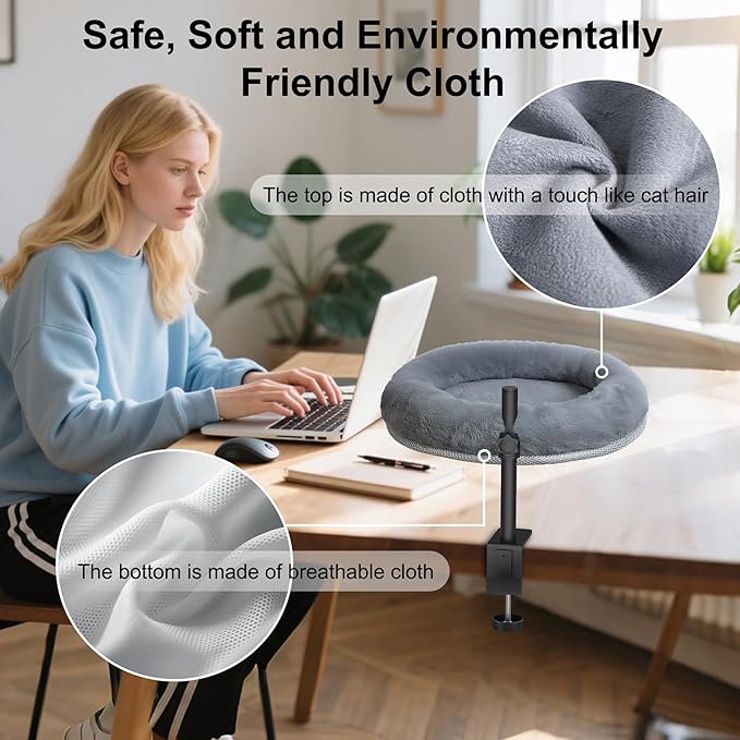 Cat Desk Bed with Summer Colling Mat, 360° Rotating & Height Adjustable Indoor Cat Nest, Large Desktop Cats Perch for Home Offcice Space Saving, Supports Up to 40 lbs, Machine Washable Removable Cover-PawvioPets