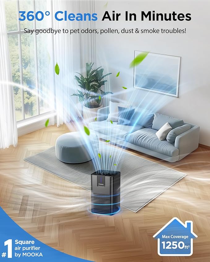 Air Purifiers for Home Large Room Up to 1250 Ft²,MOOKA H13 HEPA Air Purifier for Pets Dust Odor Smoke,Aromatherapy Function,Air Cleaner with 15dB Quiet Sleep Mode for Bedroom Office Living Room,Black-PawvioPets