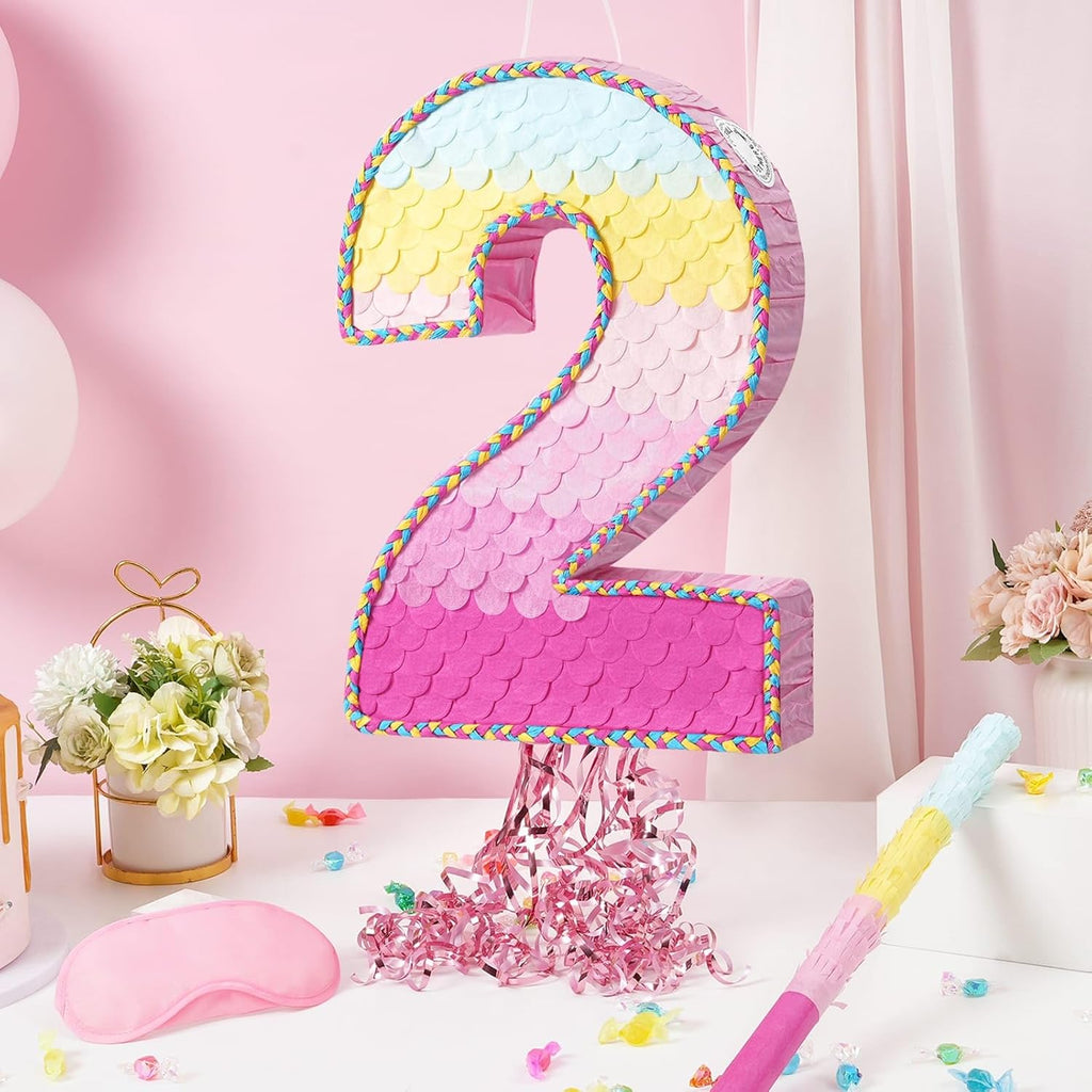 WERNNSAI Pink Sweet Two Pinata - Number 2 Pinata Happy Birthday Decoration Pink Rainbow Design Party Games for Girl Princess Baby Shower Party Favor with Blindfold Anniversary Celebration Supplies