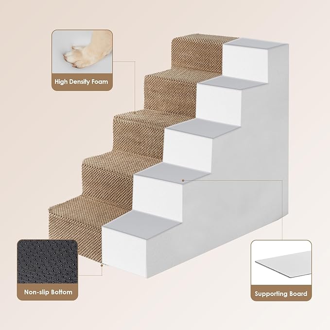 EHEYCIGA Dog Stairs for High Bed 22.5" H, 5-Step Dog Steps for Bed, Pet Steps for Small Dogs and Cats, Non-Slip Balanced Pet Ramp Indoor, Camel-PawvioPets