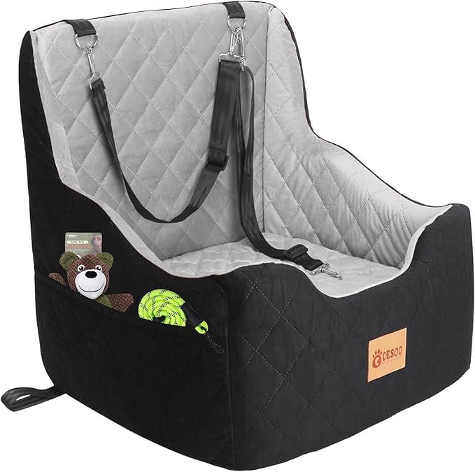 Dog Car Seat for Small/Medium Dogs Under 40lbs, Dog Booster Car Seats Memory Foam and Velvet, Detachable and Washable Pet Booster Carseats with Clip-On Satebelt and Storage Bag.(Black/Gray)-PawvioPets