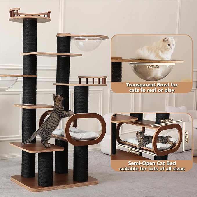 70.8'' Tall Luxury Cat Tree,All i,ne One Black Walnut Wood Modern Cat Tower for Indoor Large,Huge Multi-Level Cat Furniture with Scratching Posts,Condo,Cushion,Clear Bowl,Platform for Home Decoration-PawvioPets