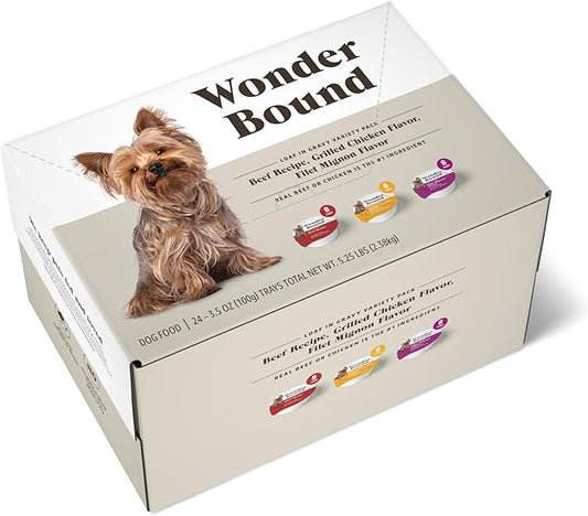 Amazon Brand - Wonder Bound Small Breed Wet Dog Food, Variety Pack (Beef Recipe, Grilled Chicken Flavor, Filet Mignon Flavor), Loaf in Gravy, 3.5 Ounce (Pack of 24)-PawvioPets