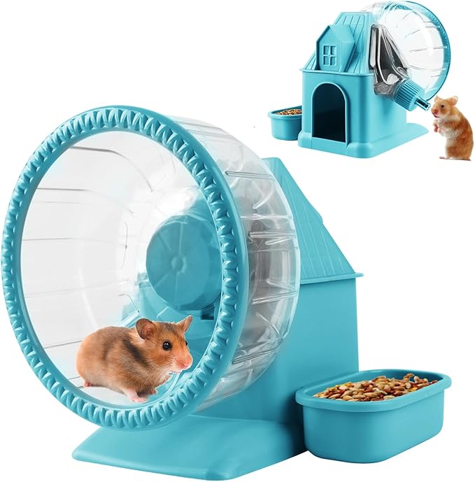 4 in 1 Silent Large Hamster Wheel Multifunctional Hamster Running Wheel Quite Running Spinner Wheel Accessories with Food Bowl Water Bottle for Hamsters Dwarf Gerbil (Blue)-PawvioPets