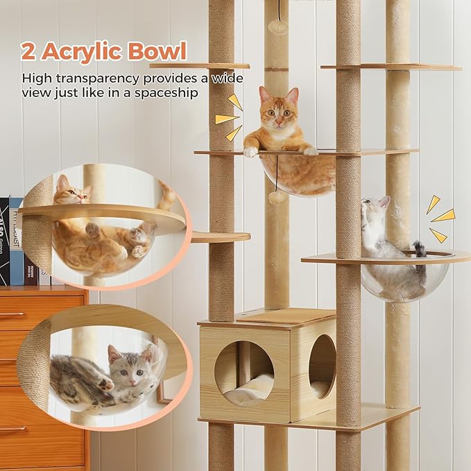 71" Tall Wood Cat Tree for Large Cats, Modern Cat Tower with 2 Acrylic Bowls, Large Top Perch, Spacious Cat Cave (Soft Cushion Included), 10 Sisal Scratching Posts and Non-Slip Jump Platforms-PawvioPets