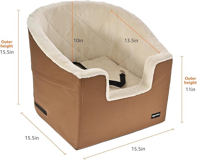 Amazon Basics Pet Car Booster Bucket Seat for Small Pets up to 25lbs, Machine Washable Cover, Clip-On Safety Leash, 18" x 18" x 16", Tan-PawvioPets