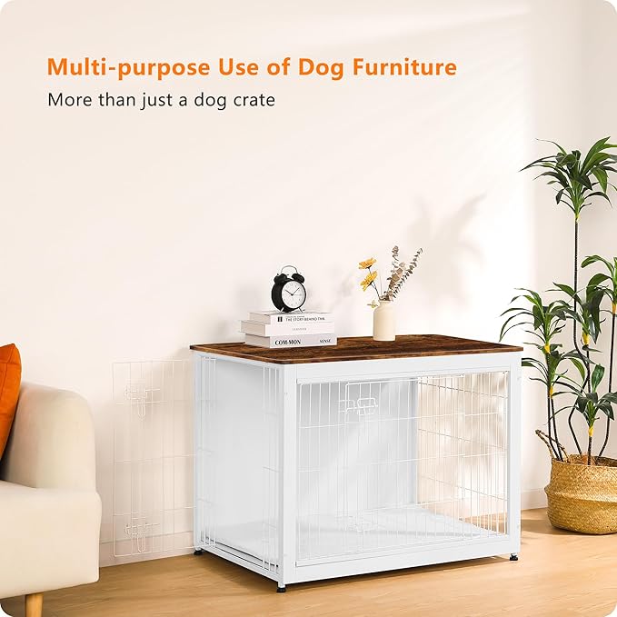 DWANTON Dog Crate Furniture with Cushion, Wooden Kennel Table with Double Doors, Indoor Dog House, Large Size, 38.5" L, White+Rustic Brown-PawvioPets