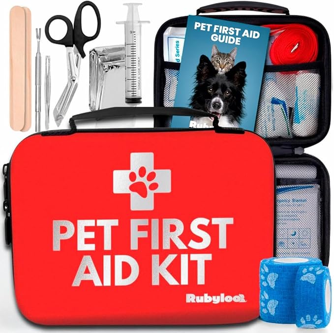 Dog First Aid Kit - Vet Approved Pet First Aid Supplies to Treat Dogs & Cats in an Emergency - Pet First Aid Kit Guide, Tick Remover, Slip Leash & Medical Essentials for Home, Camping, Car, RV, Travel-PawvioPets