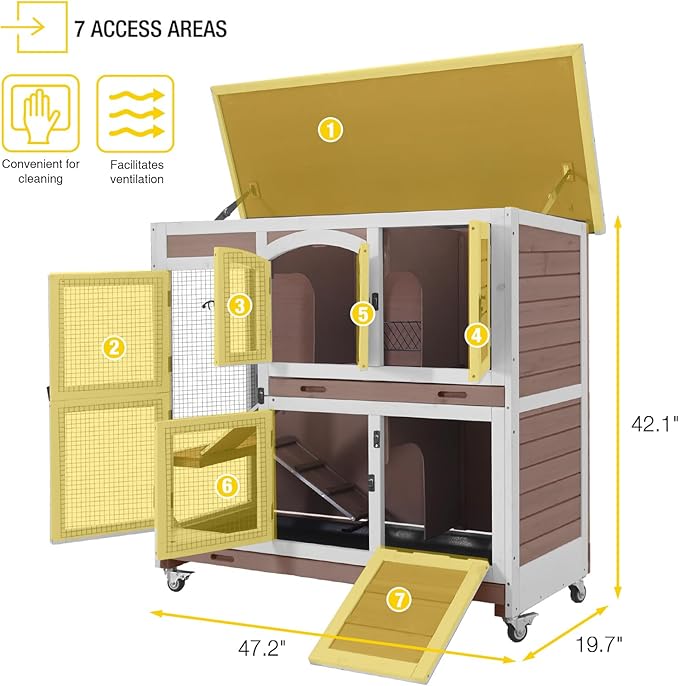 Aivituvin Rabbit Hutch Indoor, Bunny Cage with Wheels, 2-Story Design, 2 Deep Trays, Anti Slip Ramp, Ideal for Small Animals - Brown-PawvioPets